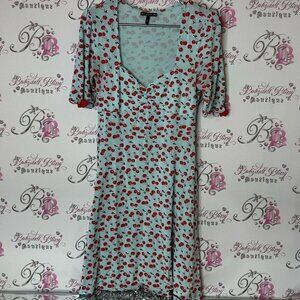 Sourpuss Cherry Print Dress in Light Blue and Red v neck stretchy bows sleeve